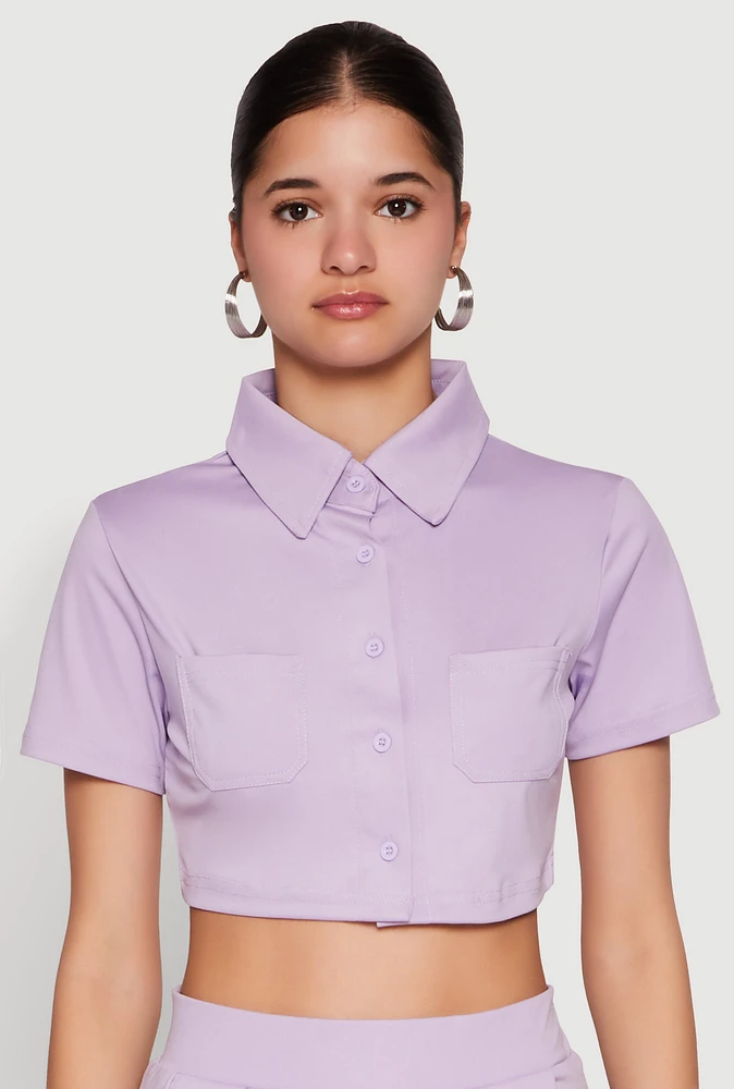 Womens Short Sleeve Button Front Cropped Shirt, Purple, Size S