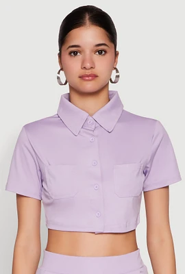 Womens Short Sleeve Button Front Cropped Shirt, Purple, Size S