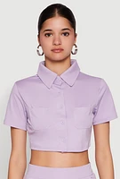 Womens Short Sleeve Button Front Cropped Shirt, Purple, Size S