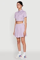 Womens Short Sleeve Button Front Cropped Shirt, Purple, Size S
