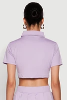 Womens Short Sleeve Button Front Cropped Shirt, Purple, Size S