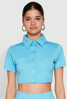 Womens Short Sleeve Button Front Cropped Shirt,
