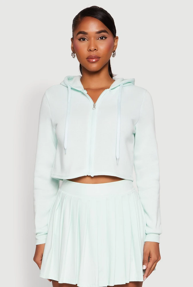 Womens Zip Front Cropped Hoodie, Green, Size M