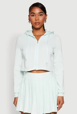 Womens Zip Front Cropped Hoodie, Green, Size M