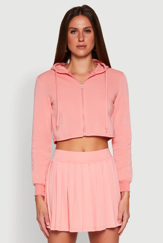 Womens Zip Front Cropped Hoodie, Pink,
