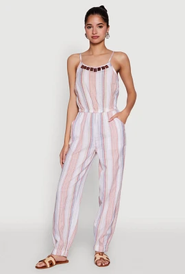 Womens Wooden Beaded Scoop Neck Striped Jumpsuit, Multi, Size M