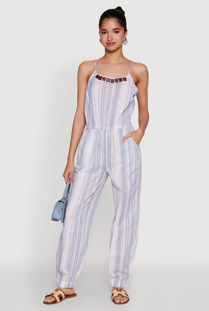 Womens Wooden Beaded Scoop Neck Striped Jumpsuit,