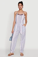 Womens Wooden Beaded Scoop Neck Striped Jumpsuit,