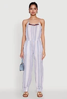 Womens Wooden Beaded Scoop Neck Striped Jumpsuit,