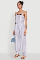 Womens Wooden Beaded Scoop Neck Striped Jumpsuit,