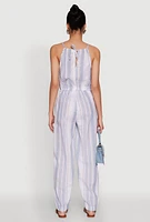 Womens Wooden Beaded Scoop Neck Striped Jumpsuit,