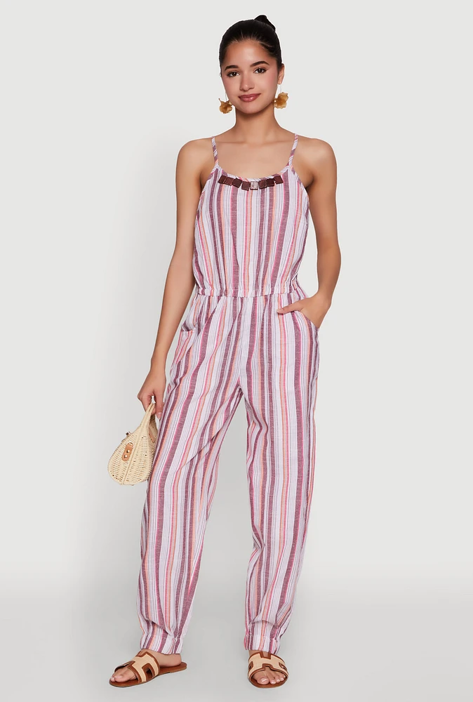 Womens Wooden Beaded Scoop Neck Striped Jumpsuit, Multi, Size L