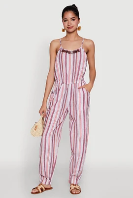 Womens Wooden Beaded Scoop Neck Striped Jumpsuit, Multi, Size L