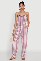 Womens Wooden Beaded Scoop Neck Striped Jumpsuit, Multi, Size L