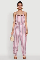 Womens Wooden Beaded Scoop Neck Striped Jumpsuit, Multi, Size L