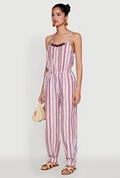 Womens Wooden Beaded Scoop Neck Striped Jumpsuit, Multi,