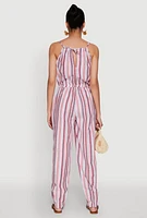 Womens Wooden Beaded Scoop Neck Striped Jumpsuit, Multi, Size L