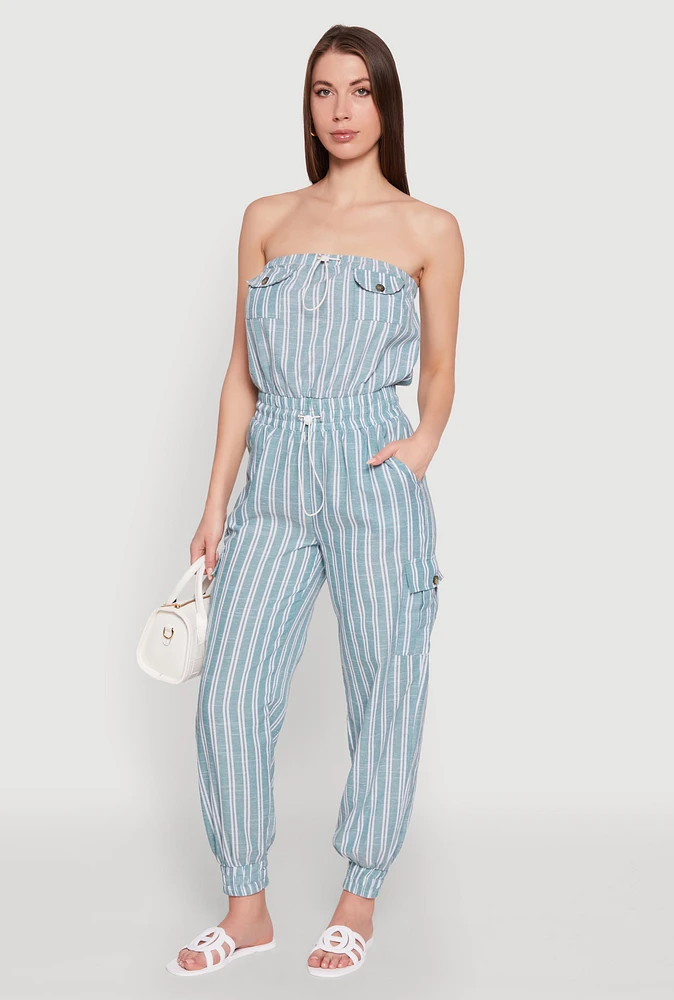 Womens Stylish Striped Utility Jumpsuit with Drawstring Waist,
