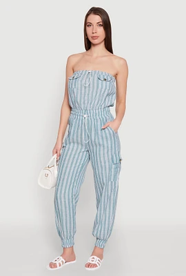 Womens Stylish Striped Utility Jumpsuit with Drawstring Waist,