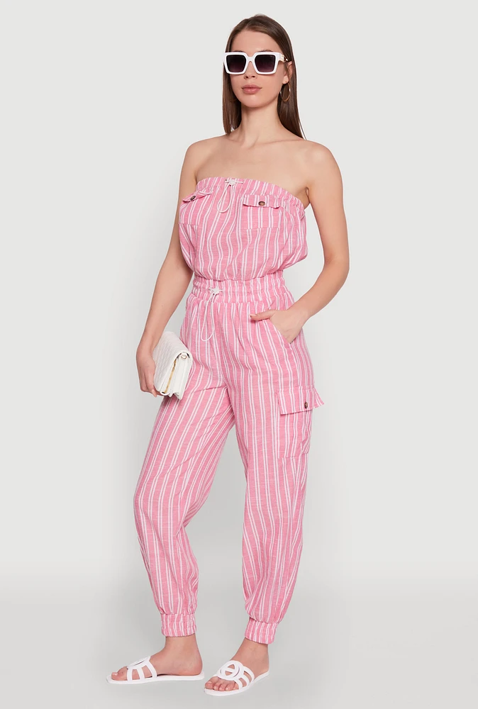 Womens Stylish Striped Utility Jumpsuit with Drawstring Waist, Pink, Size S
