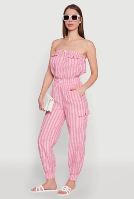 Womens Stylish Striped Utility Jumpsuit with Drawstring Waist, Pink, Size S