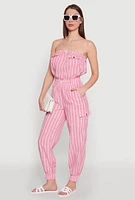 Womens Stylish Striped Utility Jumpsuit with Drawstring Waist, Pink, Size S