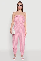 Womens Stylish Striped Utility Jumpsuit with Drawstring Waist, Pink, Size S