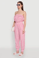 Womens Stylish Striped Utility Jumpsuit with Drawstring Waist, Pink, Size S