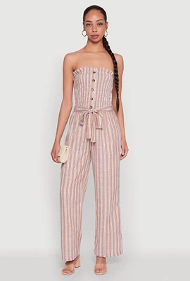 Womens Smocked Tie Waist Belted Pinstripe Jumpsuit,