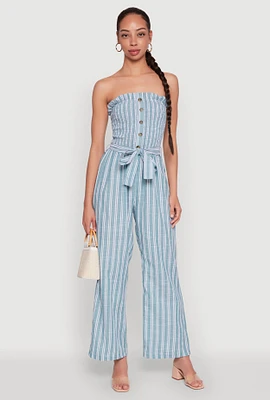 Womens Smocked Tie Waist Belted Pinstripe Jumpsuit,