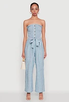 Womens Smocked Tie Waist Belted Pinstripe Jumpsuit, Blue, Size S