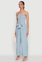 Womens Smocked Tie Waist Belted Pinstripe Jumpsuit, Blue, Size S
