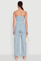 Womens Smocked Tie Waist Belted Pinstripe Jumpsuit, Blue, Size S