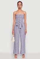 Womens Smocked Tie Waist Belted Pinstripe Jumpsuit,