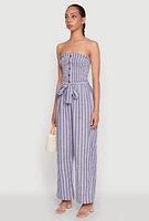 Womens Smocked Tie Waist Belted Pinstripe Jumpsuit,