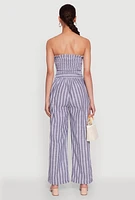 Womens Smocked Tie Waist Belted Pinstripe Jumpsuit,