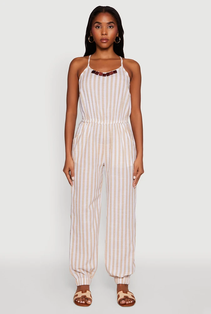 Womens Wooden Beaded Detail Striped Jumpsuit,