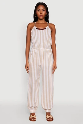 Womens Wooden Beaded Detail Striped Jumpsuit,