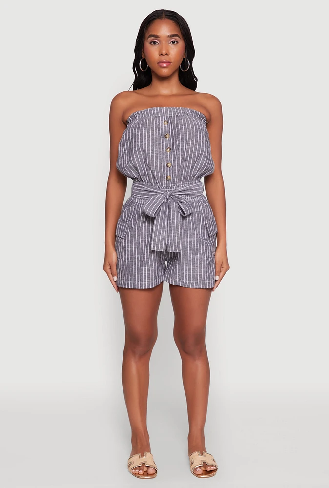 Womens Tie Waist Belted Striped Strapless Cargo Romper, Grey,