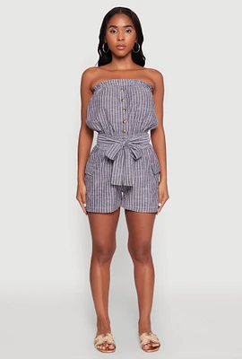Womens Tie Waist Belted Striped Strapless Cargo Romper, Grey,