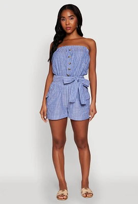 Womens Tie Waist Belted Striped Strapless Cargo Romper, Blue, Size M
