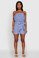 Womens Tie Waist Belted Striped Strapless Cargo Romper, Blue, Size M
