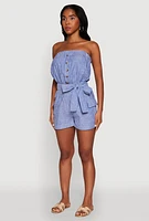 Womens Tie Waist Belted Striped Strapless Cargo Romper, Blue, Size M