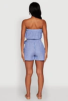 Womens Tie Waist Belted Striped Strapless Cargo Romper, Blue, Size M