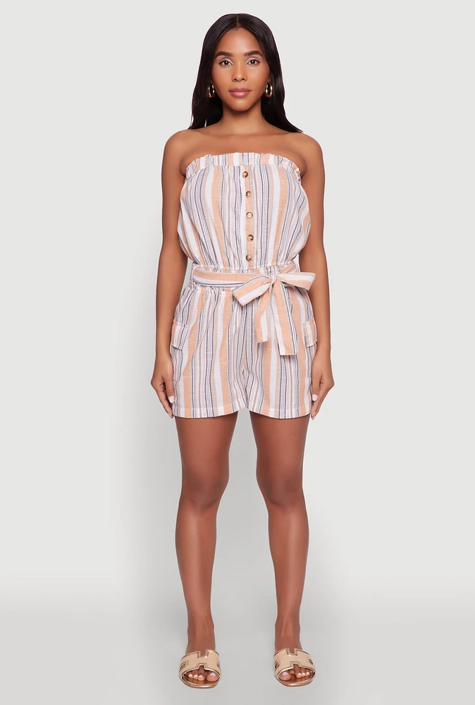 Womens Striped Tie Waist Belted Cargo Pocket Romper, Multi, Size M