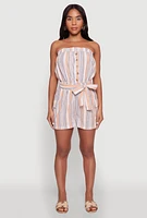 Womens Striped Tie Waist Belted Cargo Pocket Romper, Multi, Size M