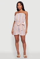 Womens Striped Tie Waist Belted Cargo Pocket Romper, Multi, Size M