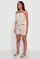 Womens Striped Tie Waist Belted Cargo Pocket Romper, Multi, Size M