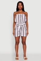 Womens Striped Tie Waist Belted Cargo Pocket Romper, Multi, Size L