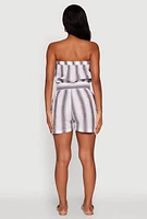 Womens Striped Tie Waist Belted Cargo Pocket Romper, Multi, Size L